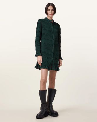 AllSaints Womens Polyester Meg Shirred Mini Shirt Dress, Size: UK 16/US 12