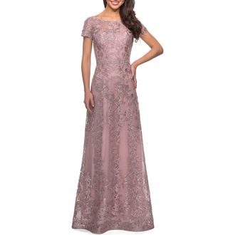 La Femme Long Lace Dress with Sheer Neckline and Cap Sleeves in Mauve at Nordstrom, Size 16