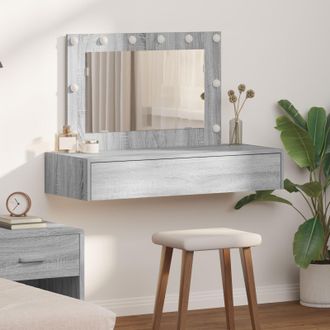 Berkfield Home Wall Hanging Dressing Table with LED Lights Grey Sonoma