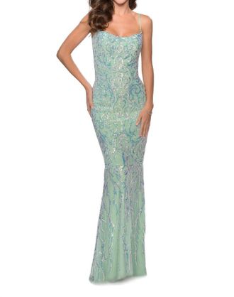 La Femme Floral Iridescent Sequin Prom Dress In Mint