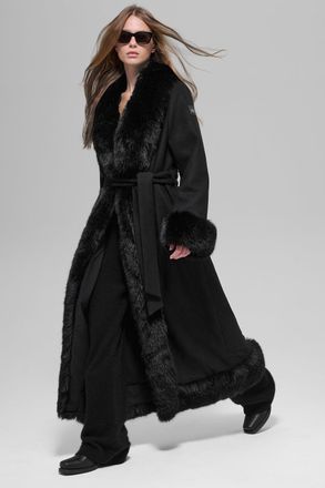 Alo | Faux Fur Trimmed Longline Coat in Black, Size: Small/Medium