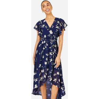 Yumi Floral Frill Hem Wrap Midi Dress in Navy at Nordstrom, Size 14