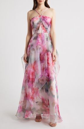 Eliza J Floral Print Strap Ballgown in Rose at Nordstrom, Size 12