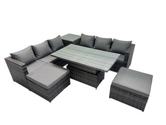 Fimous 8 Seater Outdoor Garden Rattan Furniture Set with 2 Big Stools in Dark Grey