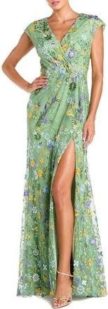 Mac Duggal Faux Wrap Embroidered Cap Sleeve Gown in Sage at Nordstrom, Size 16