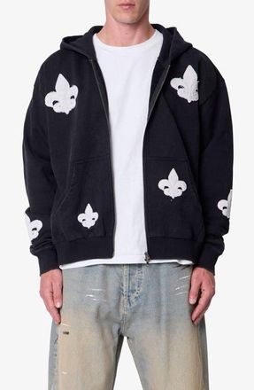 mnml Fleur de Lis Zip Hoodie in Washed Black at Nordstrom, Size Xx-Large