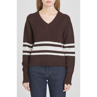 Wayf Resse Placed Stripe V-Neck Sweater in Espresso at Nordstrom Rack, Size X-Large