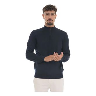 HUGO BOSS Turtlenecks, male, Blue, S, Half Zip Wool Pullover with Logo