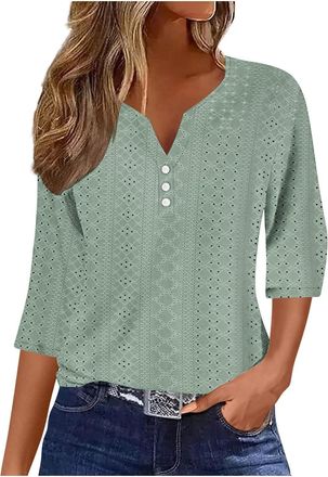 Generic Womens Tops Color Block 3/4 Sleeve V Neck Button Up Ladies Blouses Dressy Casual Henley Shirts (Z01-Camouflage, L)