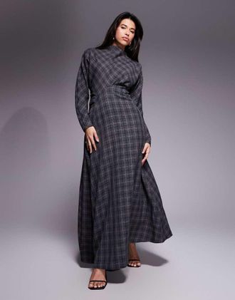 Daska Vestito lungo accollato stretto in vita con maniche ad ali di pipistrello grigio con stampa a quadri scozzesi-Multicolore