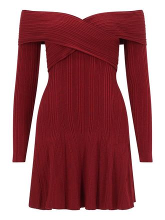 Self Portrait Neutral Ribbed Knit Off-The-Shoulder Mini Dress