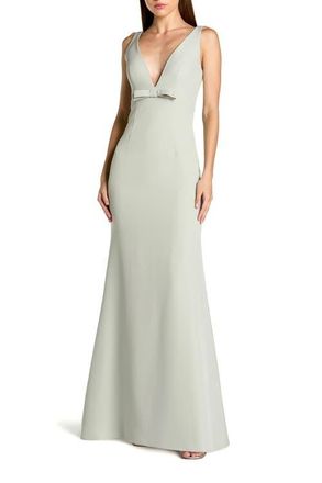 Mac Duggal Petite Crepe Sleeveless V Neck Sheath Gown With Bow in Sage at Nordstrom, Size 8P