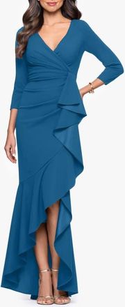 Betsy & Adam Ruffle Scuba Crepe Faux Wrap High-Low Mermaid Gown in Azure at Nordstrom, Size 16