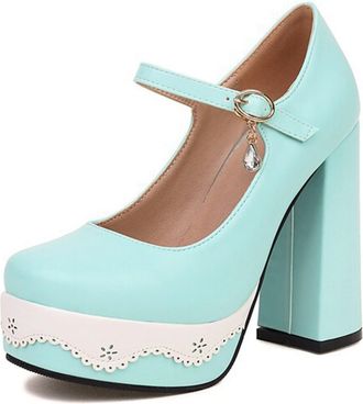 Generic Qynthra Womens Mary Janes Square Toe Platform High Heels Chunky Block Heel with Strap for Parties and Special Occasions Multicolor Pumps,Blue,4.5 UK