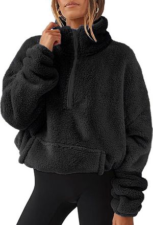 Generic Fleece Jacket Womens Long Sleeve Stand Collar Half Zip Up Teddy Fleece Women Teddy Jacket Women Tunic Tops Jumpers Pullover Tops Sweatshirts Loose Fit