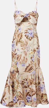 Zimmermann Abito midi Coco in lino con fiocco e stampa floreale