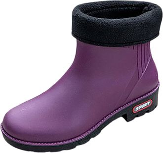 Generic Ladies Wellington Boots Slip Korean Version Solid Color And Warm Fashion Short Tube Water Shoes Womens Waterproof Fleece Lined Short Rain Boots(Purple