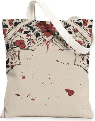 Generic Vintage Floral Canvas Tote Bags, Artistic Flower Pattern Reusable Grocery Bags, Lightweight Washable Shoulder Strap Canvas, Beige, 13x15 Inch