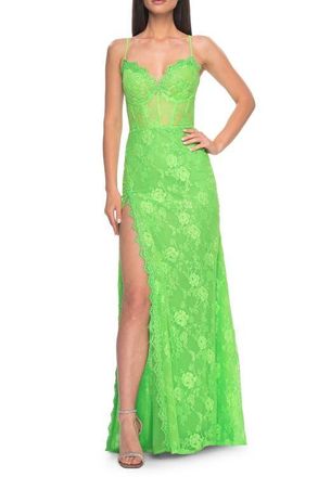 La Femme Scallop Detail Lace Fitted Prom Dress with Illusion Bodice in Bright Green at Nordstrom, Size 10