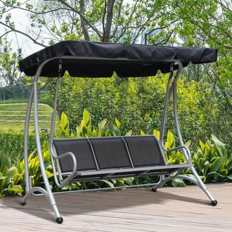 OUTSUNNY 3 Seat Metal Fabric Backyard Balcony Patio Swing Chair with Canopy Top in Black