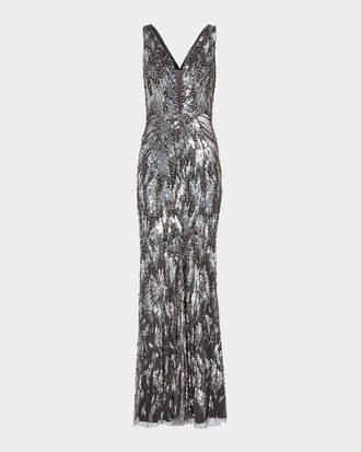 Jenny Packham Marion Embellished Plunging Column Gown