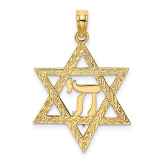 Diamond2Deal 14k Yellow Gold Textured Star of David with Chai Center Charm Pendant