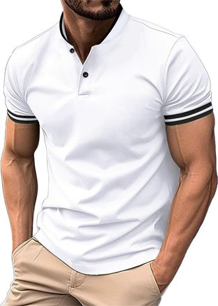 Generic White T Shirt Men Summer Casual Short Sleeve Stand Collar Button Down Polo Shirts Breathable Lightweight Comfy Daily Muscle Fit Golf Tees Classic Basi