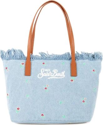 MC2 Saint Barth Light Blue Denim Tote Bag with Floral Embroidery