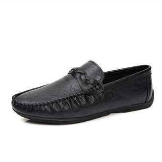 Generic Mens Shoe Loafers for Men PU Stitching Details Round Toe Woven Grain Flexible Flat Heel Lightweight Casual Walking Slip-ons(Black,6.5 UK)