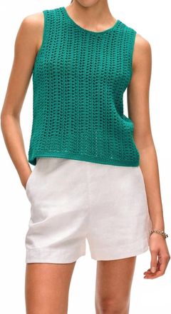 White + Warren Lofty Cotton Crochet Sleeveless Tank In Teal Green