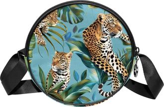Generic Circle Crossbody Bag for Women, Tropical Leopards Small Sling Bag Daypack with Zipper Adjustable Shoulder Straps Casual Ladies Girls Round Purse