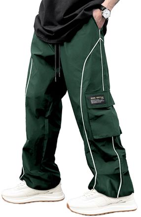 Feoya Mens Sweatpants Y2k Baggy Track Pants Drawstring Wide Leg Casual Trousers Hip Hop Streetwear Parachute Cargo Pants with Cargo Pockets Green XL