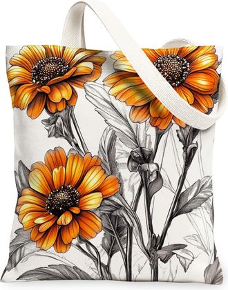 Generic Spring Calendula Flower Canvas Tote Bag for Shopping 13x15, Simple Cute Florals Plant Reusable Grocery Print Bag for Women, Botanical Beach Aesthetic 