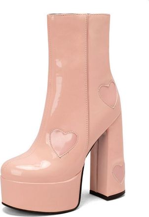 Generic Womens Chunky Heel Shiny Ankle Boots Patent Leather Platform Heart Printed Booties for Party,Pink,6.5 UK