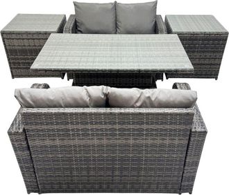Fimous 4-seater Patio Height Adjustable Rising Lifting Table Sofa Sets Rattan Garden Furniture Dining Set with 2 Side Table Dark Grey Mixed - Fimous