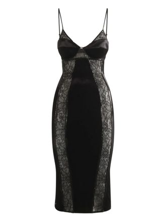 Elisabetta Franchi velvet lace-inserts midi dress - women - Polyester/Elastane - 44 - Black