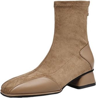 Generic Womens Sock Ankle Boots Black Brown Suede PU Square Toe Side Zip Block Heel Comfortable Non Slip Wear Resistant Daily Casual Office Date Nights Style,