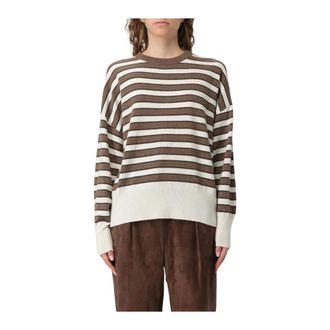 Brunello Cucinelli Round-neck Knitwear, female, Brown, S, Striped Knit Jumper