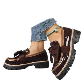 Generic Womens Patent Bowknot Thick Sole Loafers - Platform Round Toe Slip-On Shoes, Chunky Heel Non-Slip Loafers for Women for Office Business Work Everyday 