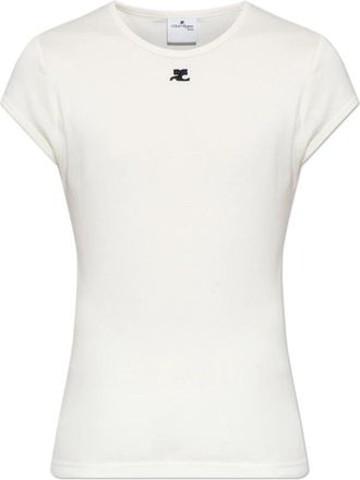 Courr&egrave;ges Geborduurde T-Shirt - Heren - T-shirts - Beige - M - Katoen - Tops