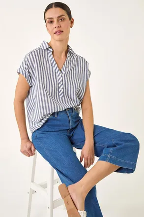 Roman Stripe Print Button Front Top