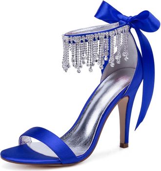 Generic Womens Heels Satin Wedding Bridal Ankle Strap High Heels 10.5Cm Open Toe Prom Evening Formal Party Stiletto Sandals,Blue,3 UK