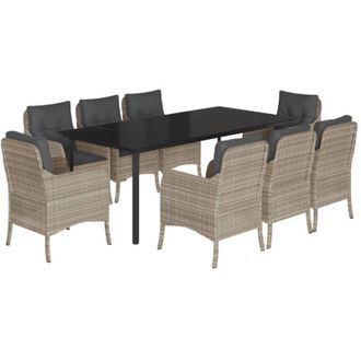 vidaXL Set Comedor De Jard&iacute;n 9 Pzas Cojines Rat&aacute;n Sint&eacute;tico Gris Claro Vidaxl