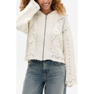 BDG Crochet Zip Front Hoodie in Cream at Nordstrom, Size X-Small
