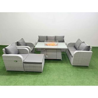 Fimous Pe Rattan Garden Furniture Set Reclining Chair Sofa Double Love Seat 2 Seater Sofa Lounge Set Firepit Dining Table Big Footstool Light Grey - Fimous