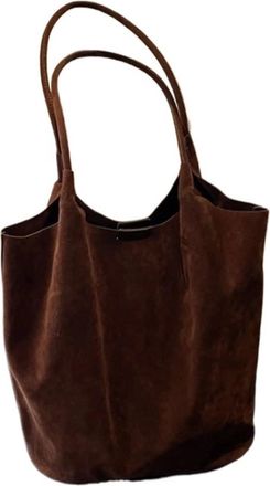 Generic Suede Sewing Thread Retro Womens Shoulder Bags Zipper Casual Solid Colors High Capacity Tote(Coffee)