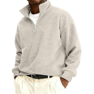 Generic Solid Quarter Zip Sweatshirt Mens Micro-fleece Mock Neck Fleece Jumper Retro Cotton Long Sleeve Heavy Winter V Neck Sweater Spring Smart Thermal Jumpe