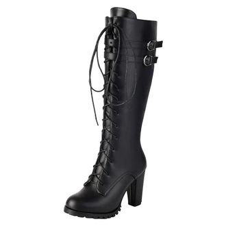 Generic Ladies Designer Knee High Boots Round Toe Super High Block Heel Platform With Zipper Lace-Up And Belt Details