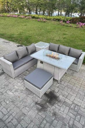Fimous Corner Rattan Fire Pit Gas Heater Burner Lounge Sofa With Side Coffee Table Big Footstool in Light Grey