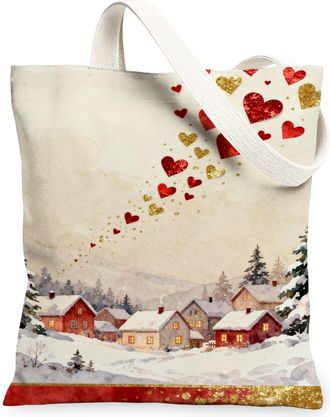 Generic Christmas Hearts Canvas Tote Bags, Rustic Village Scene Lightweight Washable Grocery Bags, Winter Decorative Eco-Friendly S, Red, 13x15 Inch